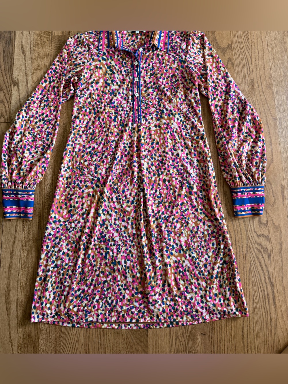 Hale Bob Matte Jersey Printed Shirt Dress Small Clover Buttons Zip Cuff Boho